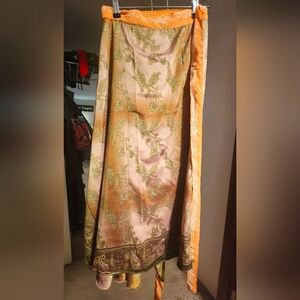 Sari wrap maxi skirt, gorgeous gold and green silk blend, 31" long,reversible